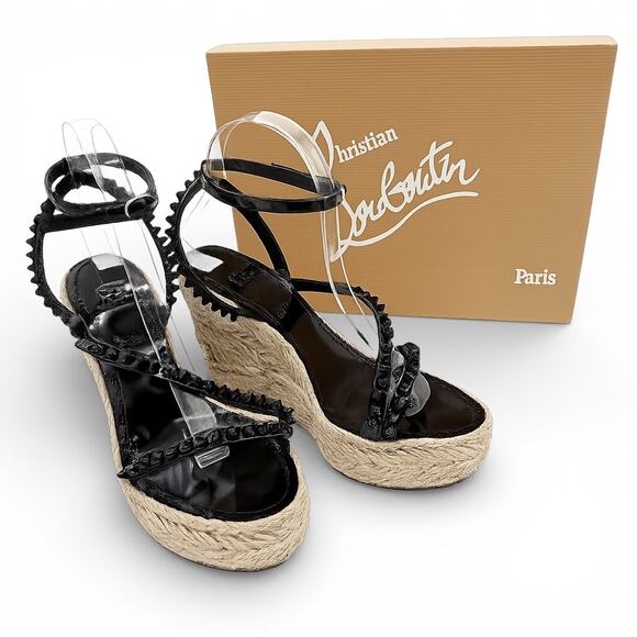 Christian Louboutin Mafaldina Espadrille Wedge Sandals Size 39 US 9 Black Spike - Picture 2 of 15